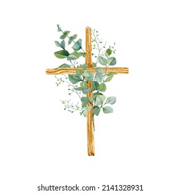 Hand painted Cross Clipart, Watercolor Christian wooden cross with florals eucalyptus bouquet, Baptism Cross, Holy Spirit, Easter Religious illustration - Powered by Shutterstock