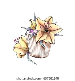 Hand Painted And Hand Drawn Watercolor And Outline Illustration Of Sweet Dessert With Orange Lilies Flowers On White Background
