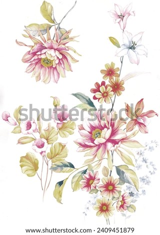Hand painted floral elements set. Watercolor botanical illustration of eucalyptus, tulip, peony, rose,anemone flowers and leaves. Natural objects isolated on white background