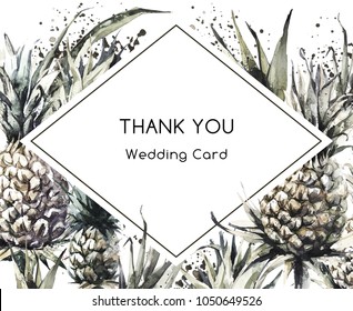 Hand painted geometric frame with pineapples and leaves. Tropical watercolor illustration in bronze shades. Wedding invitation templates. Perfect for event and stationary desings. Thank you card. - Powered by Shutterstock