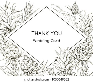 Hand painted geometric frame with pineapples and leaves. Tropical graphic illustration in beige shades. Wedding invitation templates. Perfect for event and stationary desings. Thank you card. - Powered by Shutterstock