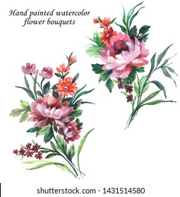 Hand Painted With Gouache Floral Bouquets Set With Chrysanthemum Flowers, Wild Flowers And Green Leaves. Artistic Botanical Summer Isolated Compilation.