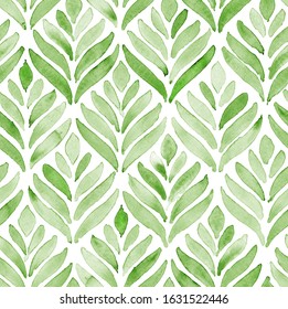 Hand Painted Green Watercolor Leaf Like Arabesque Floral Geometrical Shell Allover Seamless Pattern