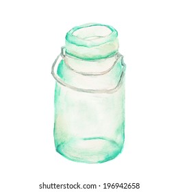 Hand Painted Green Watercolor Mason Jar On Isolated White Background.