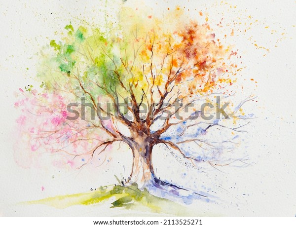 \
Hand painted illustration of\
colorful four season tree.Picture created with watercolors on\
paper.