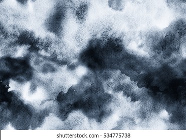 Hand painted ink grey seamless pattern with abstract sky and clouds. Watercolor texture.