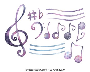 Hand Painted Isolated Watercolor Music Notes With Treble Clef, Space, Baby Themed In Purple, Violet And Aqua