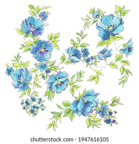 hand painted lush blue fantasy flowers with fresh green leaves. Trailing floral motif