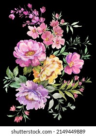 hand painted lush floral bouquet with different color peony flowers, wild flowers and leaves. Botanical artistic mixed media painting on black background. 