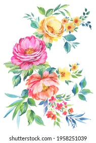 Hand Painted With Mixed Media Floral Motif With Ush Pink, Yellow And Orange Peonies With Leaves And Small Delicate Wild Flowers On White Background. 