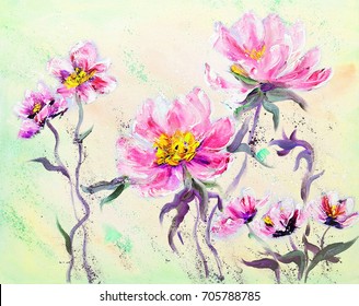 Hand Painted Modern Style Pink Peonies Flowers. Spring Flower Seasonal Nature Background. Oil Painting Floral Texture