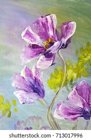 Hand Painted Modern Style Purple Flowers. Autumn Flower Seasonal Nature Background. Oil Painting Floral Texture