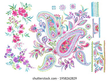 hand painted multicolor bright contrast ethnic paisley set with flowers and borders on white background. oriental ornamental paisley set. isolated. 