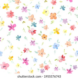 Hand Painted Multicolor Watercolor Allover Seamless Spring Small Daisy Liberty Flowers. Ditsy Floral Watercolor Pattern.
