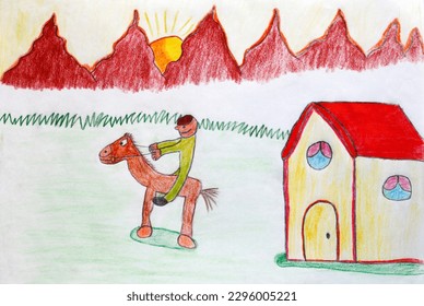 Hand painted nature   children's landscape 
A landscape drawn by child's hand  Pencil   crayon drawing grass  house  man horse  mountain   sun  Drawing and colored pencils in children's