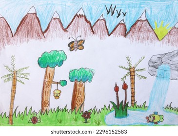 Hand painted nature   children's landscape 
A landscape drawn by child's hand  Pencil   crayon drawing rural landscape   water pond  sun behind mountain  Drawing and colored pencils