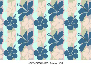 Hand painted. Pattern in neutral and blue colors with tropic summertime motif may be used as texture, wrapping paper, textile design. Seamless pattern of tropical hibiscus flowers, dense jungle.