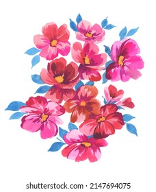 hand painted pink and red small flowers with blue leaves on white background. Bougainvillea flowers stylized.