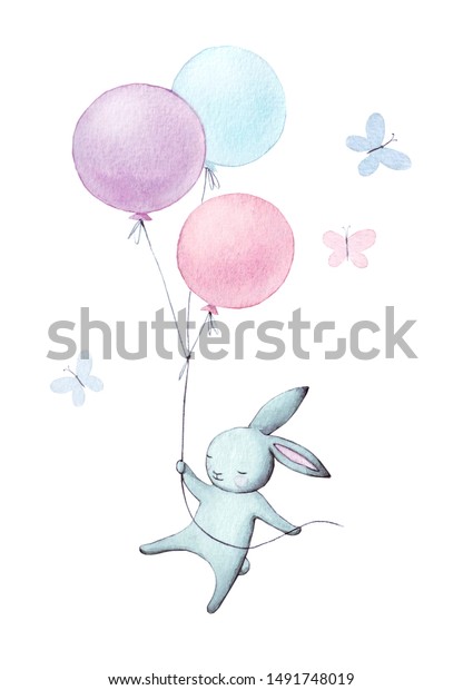 手描きのうさぎは飛ぶ 水彩バニーと風船イラスト 白い背景にかわいい動物 漫画の野ウサギ のイラスト素材