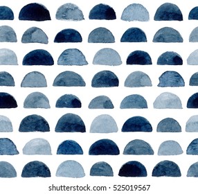 Hand painted seamless pattern. Abstract watercolor shapes in indigo blue.