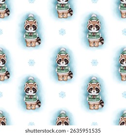 Hand painted seamless pattern with cute raccoon wearing winter hat and scarf. Blue background with snowflakes. Perfect for fabric, wrapping, kids products, and seasonal print use.