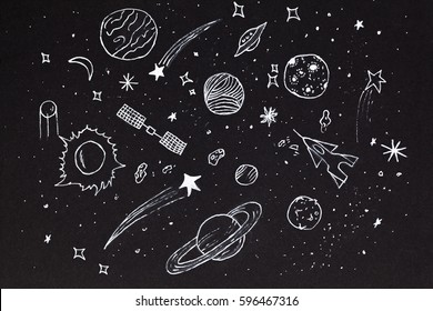 Hand Painted Sketch Of Abstract Design Space Elements Over Night Sky On Dark Background