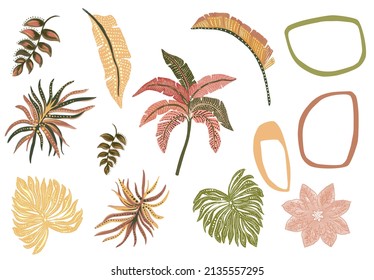 Hand Painted Style Illustration Abstract Tropical Leaves And Flowers Artsy Monstera Polka Dot Leaf Banana Tree Leaf Palm Nature Jungle Geometric Pink Green And Yellow 