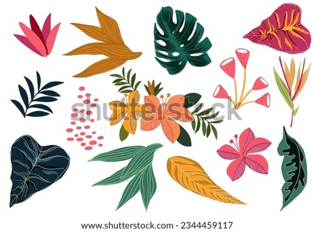 hand painted style illustration abstract tropical leaves and flowers artsy monstera polka dot leaf banana tree leaf palm nature jungle geometric pink green and yellow ストックフォト © 