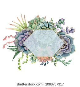 Hand painted succulent crystal frame, Gold glitter cactus frame, Watercolor polygonal floral frame, Botanic Geometry frame with succulents, Nature spring illustration for wedding, invitations