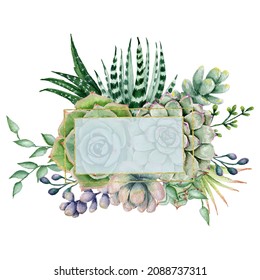 Hand painted succulent horysontal frame, Gold glitter cactus frame, Watercolor polygonal floral frame, Botanic Geometry frame with succulents, Nature spring illustration for wedding, invitations