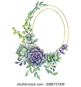 Hand painted succulent oval frame, Watercolor polygonal floral frame, Gold glitter cactus frame, Botanic Geometry frame with succulents, Nature summer illustration for wedding, greeting, invitations