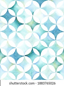 Hand painted turquoise watercolor geometrical moroccan style allover seamless pattern in repeat