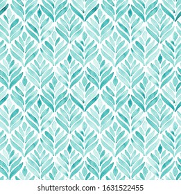 Hand painted turquoise watercolor leaf like arabesque floral geometrical shell allover seamless pattern in repeat 