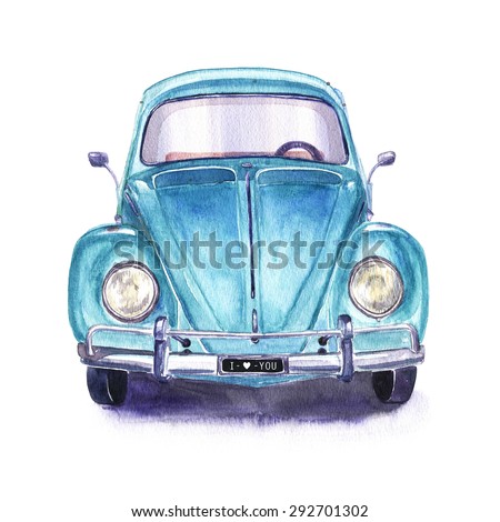 Hand painted vintage blue car. Watercolor illustration. 