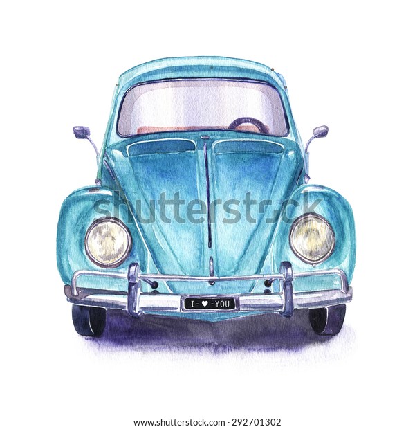 Hand\
painted vintage blue car. Watercolor illustration.\
