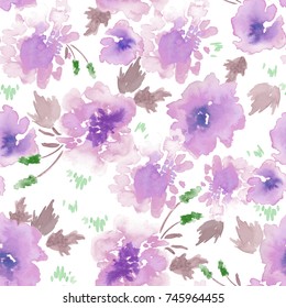 Hand Painted Water Colour Floral - Seamless Repeat Pattern - Violet, Lilac, Purple, Blue, Brown And White Color Palette