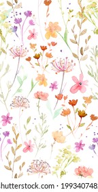 Hand Painted Watercolor Allover Seamless Flowers And Plants On White Background