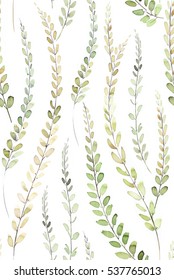 Hand painted watercolor allover seamless tropical fern leaves on white background