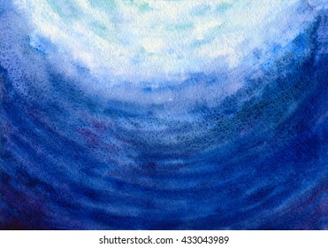 Hand Painted Watercolor Background Of Blue Water Under The Sea World