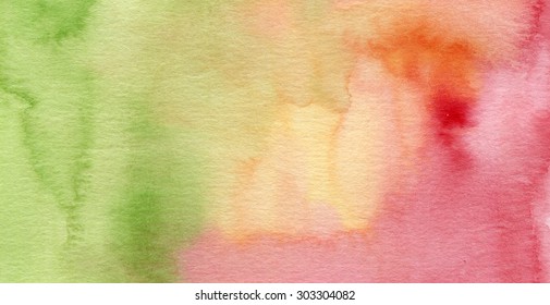 Hand painted watercolor background in spring or summer colors. Watercolor element for invitations, cards or menus. Design pattern in green, red, pink and yellow colors.