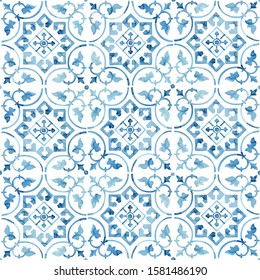 Hand Painted Watercolor Blue Faience Floral Arabesques Azulejo Tile Allover Seamless Pattern