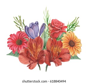 Hand painted watercolor charming combination of Flowers and Leaves isolated on white background - Shutterstock ID 618840494