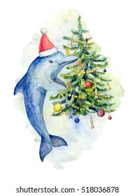 Hand painted watercolor children illustration and funny dolphin decorating Christmas tree  New Year postcard poster design isolated white