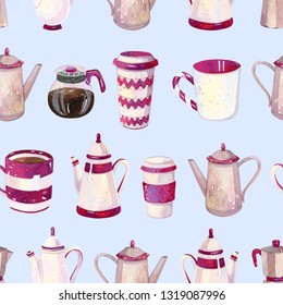Hand painted Watercolor coffee seamless pattern (texture, wrapping paper, background) - with coffee beans, candies, coffee pots, mugs and more.  - Shutterstock ID 1319087996
