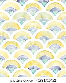 Hand painted watercolor colorful semicircle fractal fish scale allover seamless pattern similar to Japanese fan print