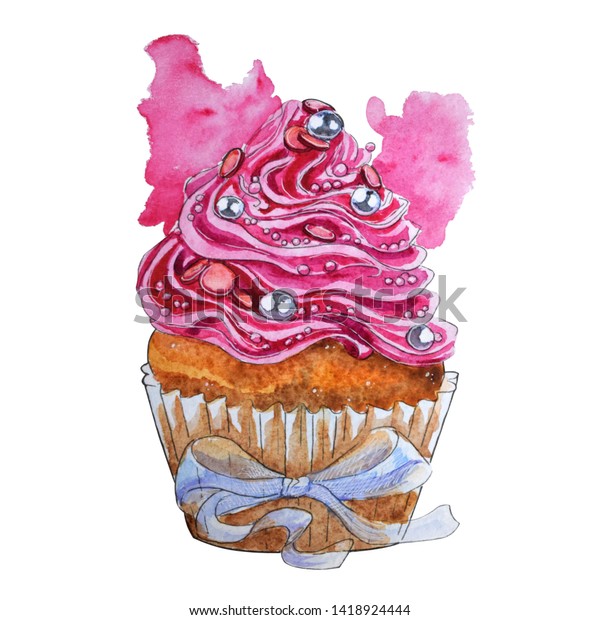 Hand Painted Watercolor Cupcake Pink Cupcake Stock Illustration