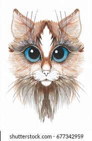 Hand painted watercolor cute  cat with blue eyes