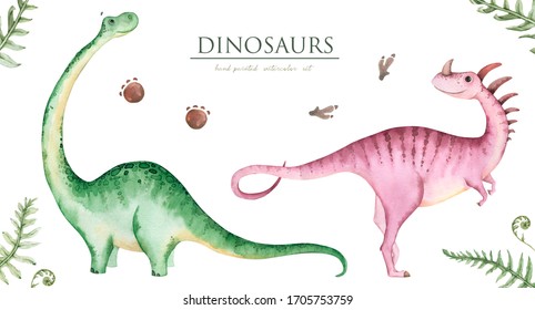 Hand painted watercolor cute dinosaurs, isolated on white background. The illustration is perfect for creating postcards,printed fabrics, packaging and DIY design.