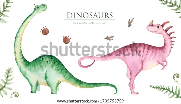 Hand painted watercolor cute dinosaurs, isolated on white background. The illustration is perfect for printing nursery wallpaper murals. 