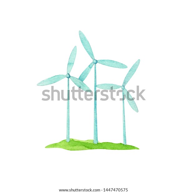 手描きの水彩色のエコロジーコンセプトイラスト 風車 風力発電機 白い背景に風のエネルギーアイコン のイラスト素材